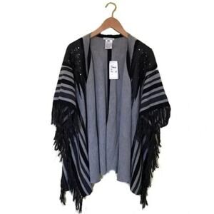 NWT Alberto Makali Gray & Black Fringed Open Shawl Sweater Women's Size Large